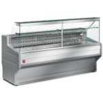 Refrigerated display counter with straight glass panel 90°, with reserve