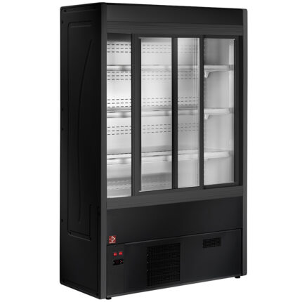 Ventilated refrigerated wall unit with glass sliding doors