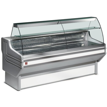 Refrigerated display counter, curved glass with storage space+WHEELS