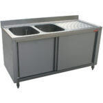 Sink 2 tanks 600x500xh325, right draining board on cupboard 2 sliding doors