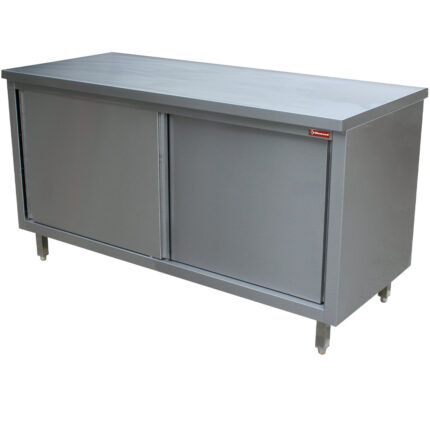 Table on neutral cupboard, sliding doors