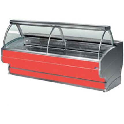 Refrigerated display counter curved glass, ventilated, with reserve + wheels