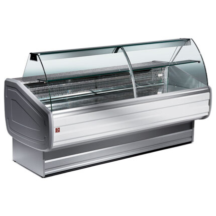 Refrigerated display counter, curved glass with storage space
