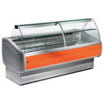 Refrigerated display counter, curved glass with storage space