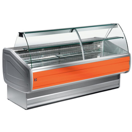 Refrigerated display counter, curved glass with storage space