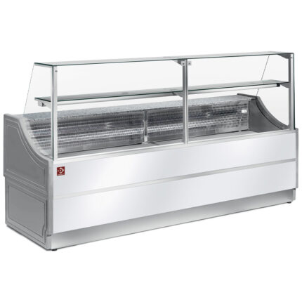 Refrigerated glass display staight panel 90°, with storeroom