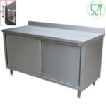 Table on neutral cupboard, sliding doors, wall