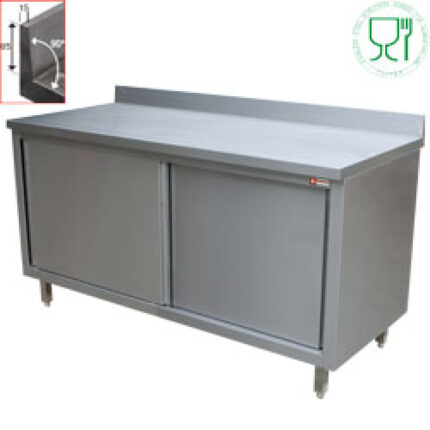 Table on neutral cupboard, sliding doors, wall