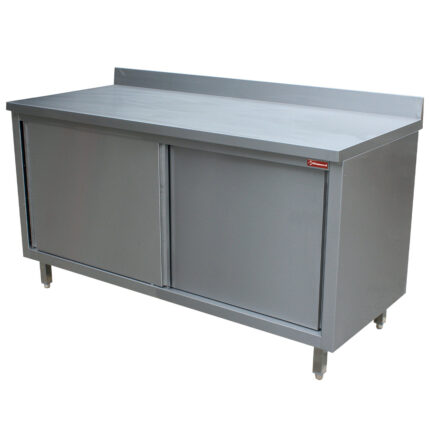 Table on neutral cupboard, sliding doors, wall
