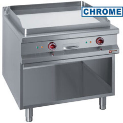 Smooth electric fry top, chromium-plated, open cupboard