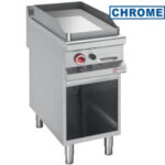 Smooth gas fry top, chromium-plated, open cupboard
