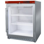 Ventilated refrigerator, glass door, 150 liters. stainless steel